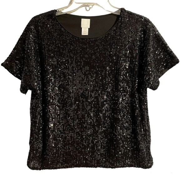 H&M Womens Size XS Sequin Pop Over Party Evening Top Black Short Sleeve … - Picture 1 of 7